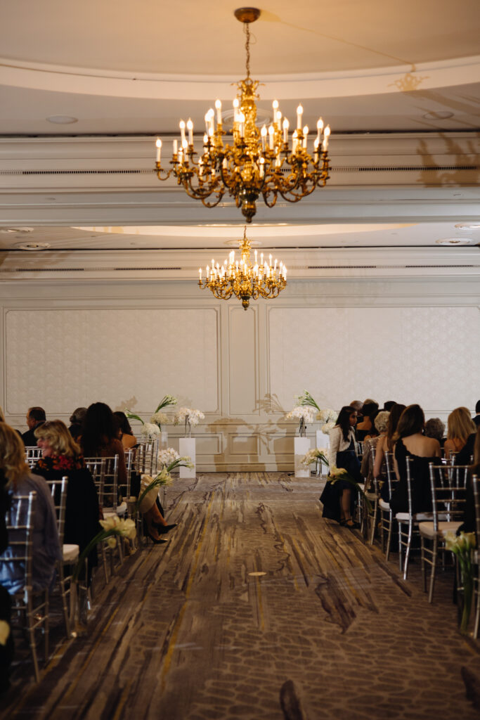 Wedding ceremony setup in a ballroom at The Ritz Carlton in Naples, Florida. 